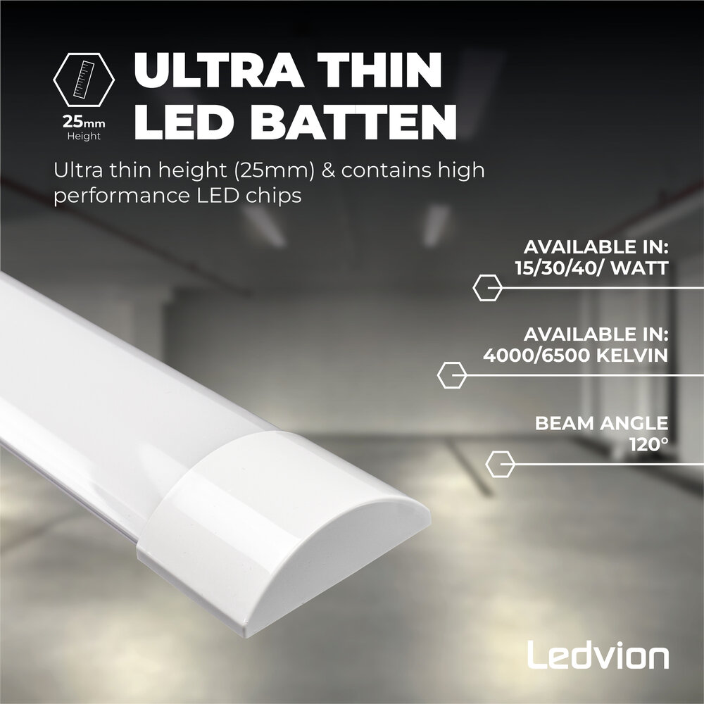 Ledvion 20x 2ft LED Batten - Samsung LED - 15W - 2100lm - 6500K - Daylight - Twin - Slimline - 5 Year Warranty