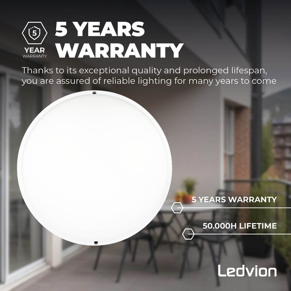 Ledvion LED Bulkhead Light - 24W - Ø350mm - IP65 Rated for Outdoor/Exterior Use - CCT - 2700K / 4000K / 6000K - Round - White - Ceiling - 5 Year Warranty