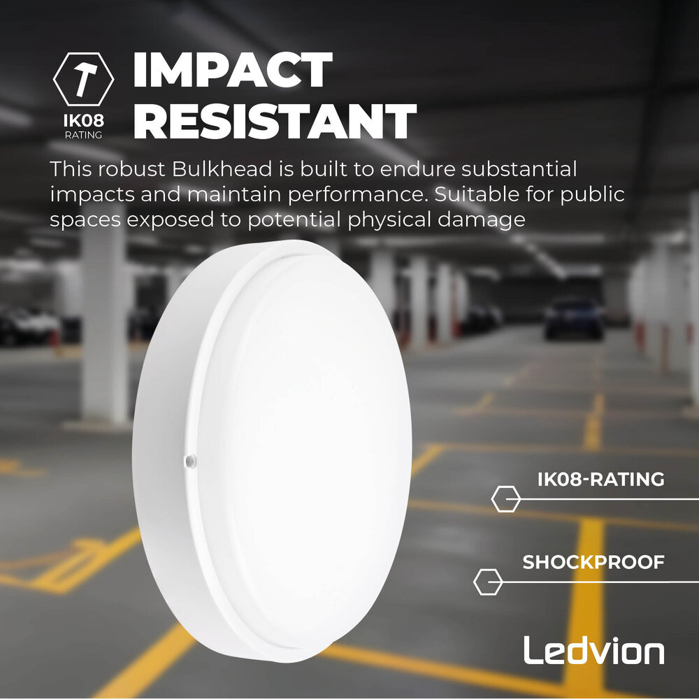 Ledvion LED Bulkhead Light - 24W - Ø350mm - IP65 Rated for Outdoor/Exterior Use - CCT - 2700K / 4000K / 6000K - Round - White - Ceiling - 5 Year Warranty
