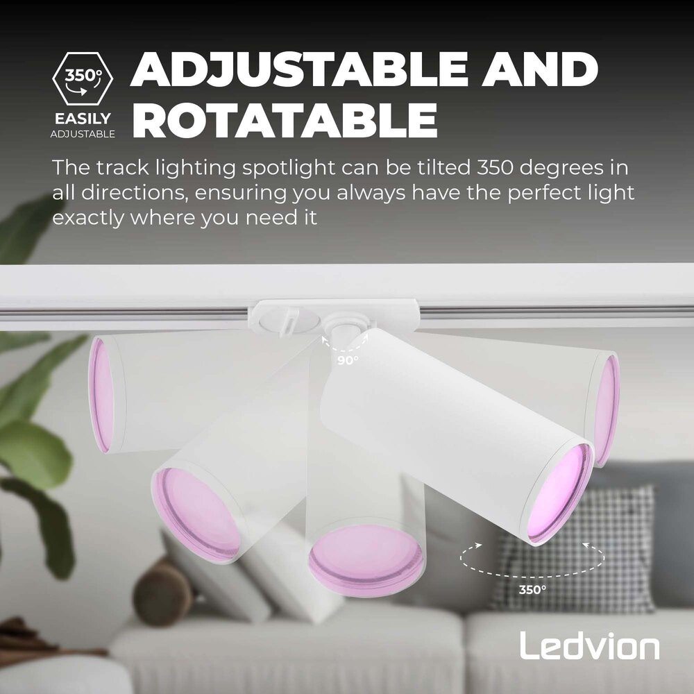 Ledvion 1m Smart LED Track Lighting - 3 Track Spotlights - 4.9W - RGB+CCT - Dimmable - White - Single Circuit