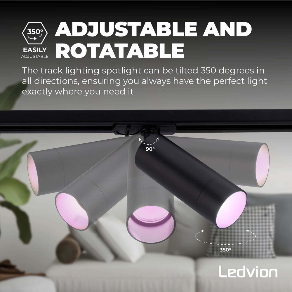 Ledvion 2m Smart LED Track Lighting - 5 Track Spotlights - 4.9W - RGB+CCT - Dimmable - Black - Single Circuit