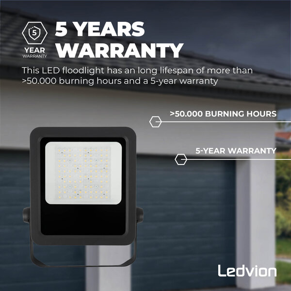 Ledvion LED Floodlight 50W – Philips Lumileds - 6000K - 6750 Lumen – Asymmetrical - 5 Year warranty