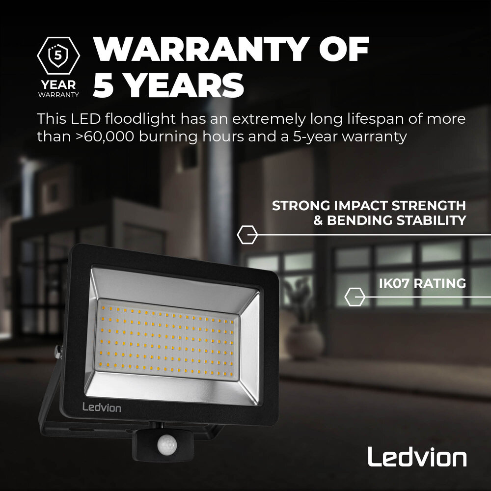 Ledvion LED Floodlight With PIR Sensor - 150W - Osram LED - IP65 - 4000K - 18.000 Lumen - 5 Year Warranty