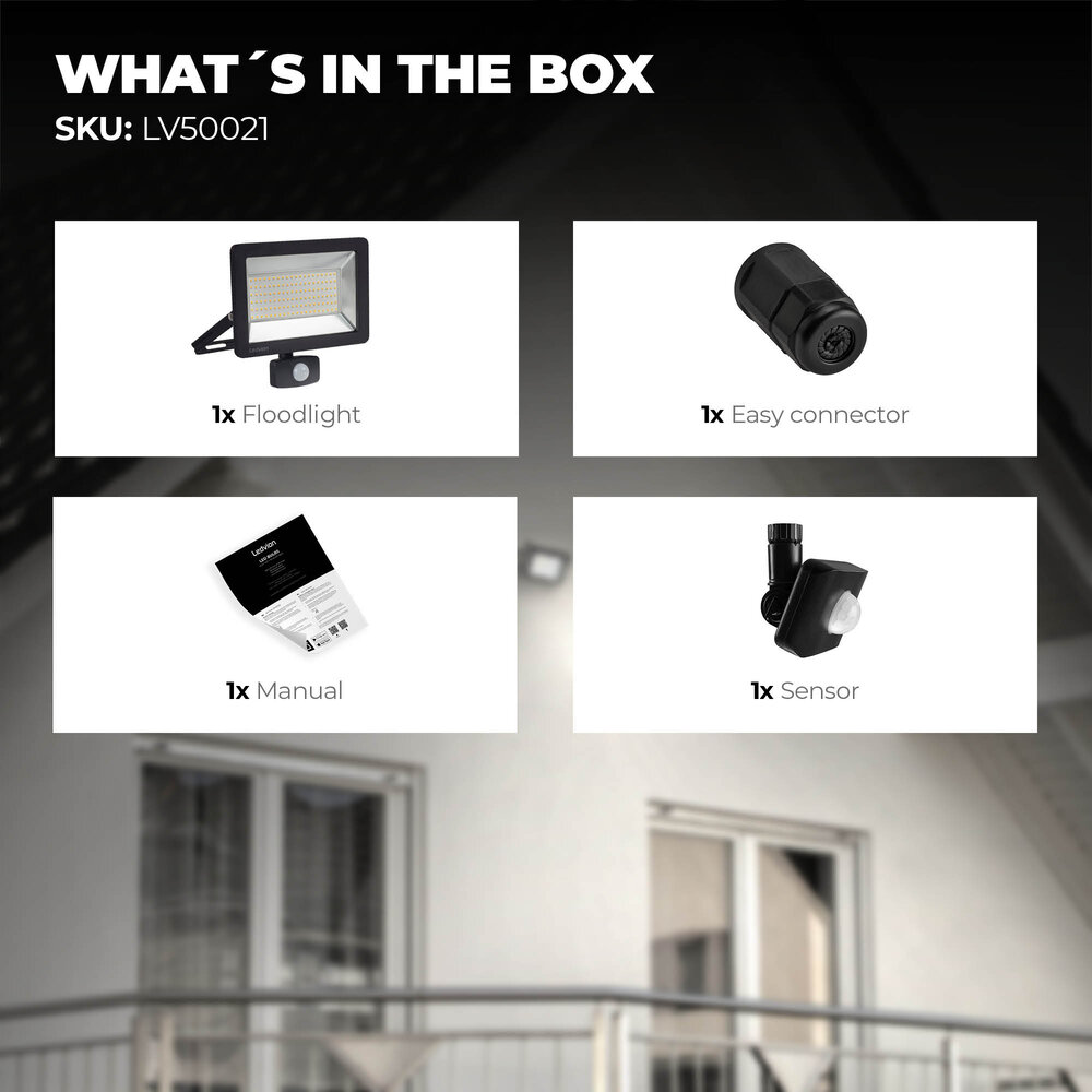 Ledvion LED Floodlight With PIR Sensor - 150W - Osram LED - IP65 - 4000K - 18.000 Lumen - 5 Year Warranty
