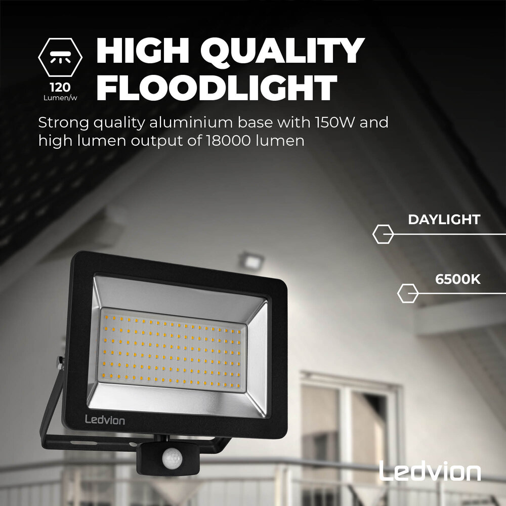Ledvion LED Floodlight With PIR Sensor - 150W - Osram LED - IP65 - 6500K - 18.000 Lumen - 5 Year Warranty