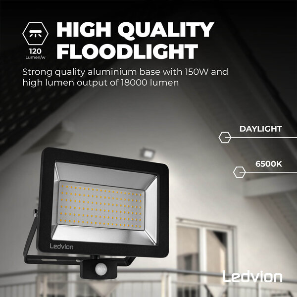 Ledvion LED Floodlight With PIR Sensor - 150W - Osram LED - IP65 - 6500K - 18.000 Lumen - 5 Year Warranty