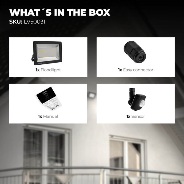 Ledvion LED Floodlight With PIR Sensor - 100W - Osram LED - IP65 - 6500K - 12.000 Lumen - 5 Year Warranty