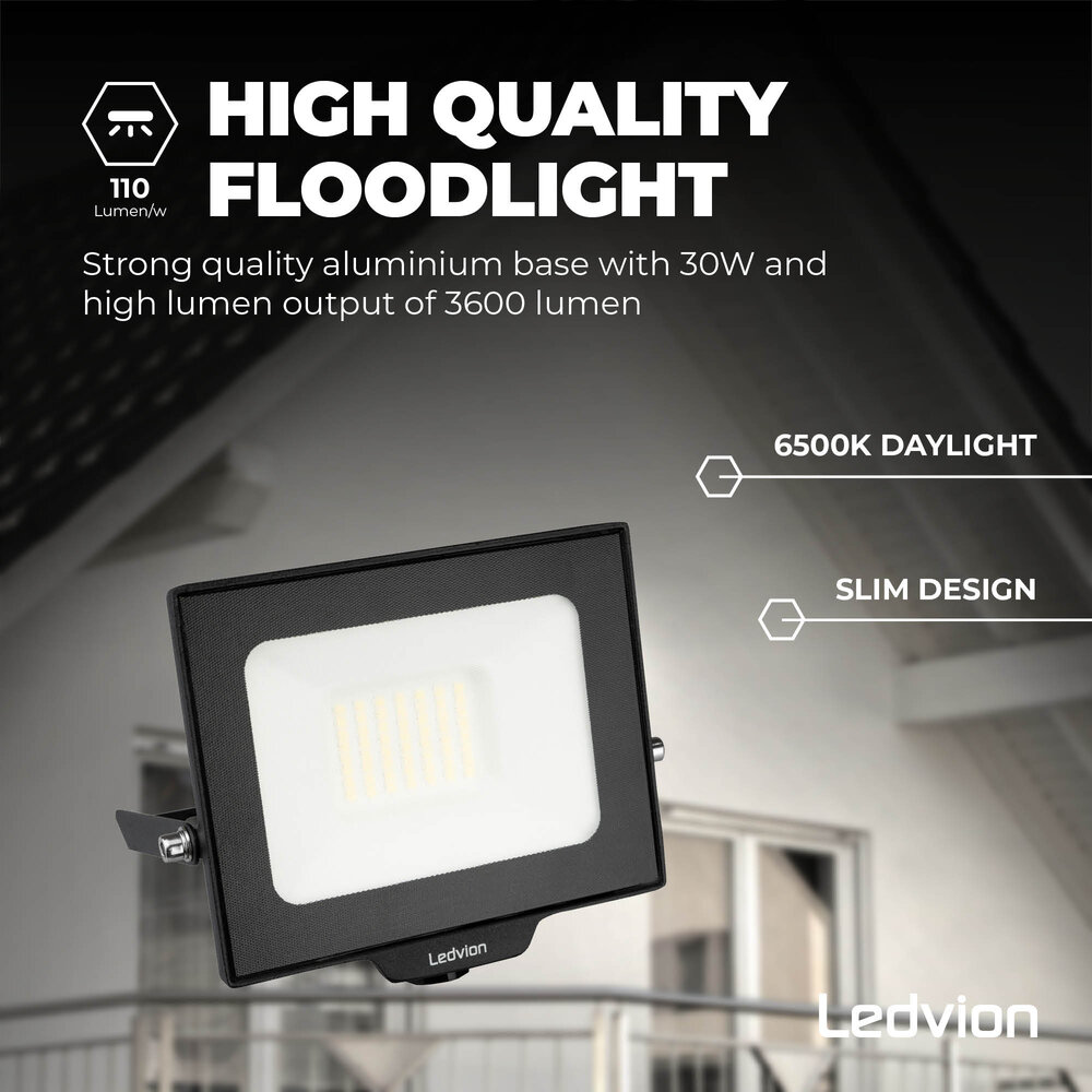 Ledvion LED Floodlight 30W - Osram LED - IP65 - 6500K - Daylight - 3600 Lumen