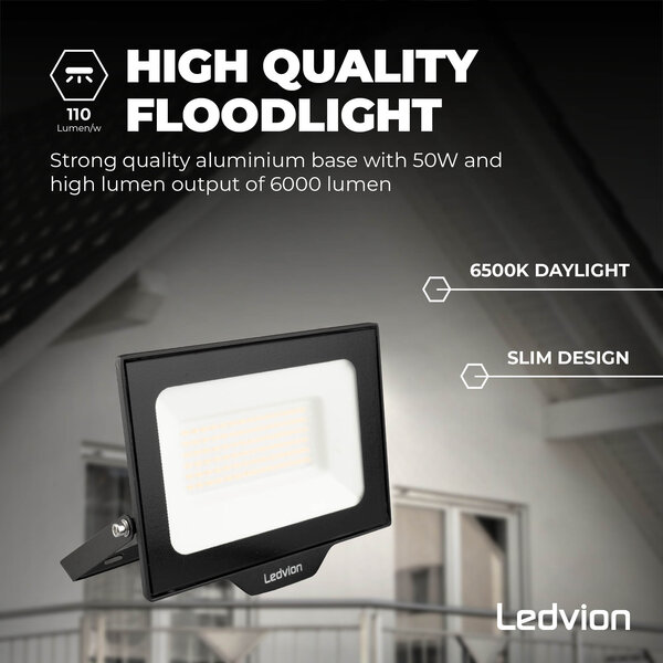 Ledvion LED Floodlight 50W - Osram LED - IP65 - 6500K - Daylight - 6000 Lumen