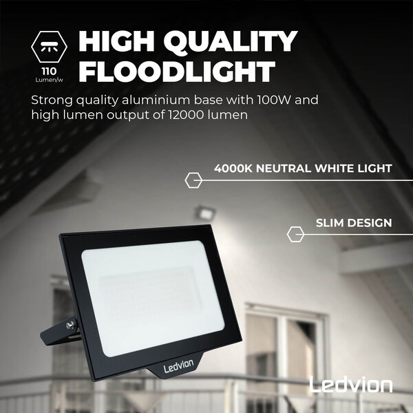 Ledvion LED Floodlight 100W - Osram LED - IP65 - 4000K - Cool White - 12.000 Lumen