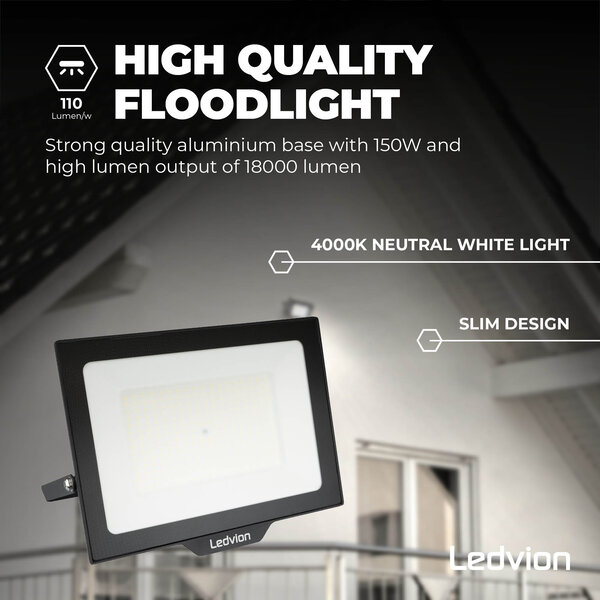 Ledvion LED Floodlight 150W - Osram LED - IP65 - 4000K - Cool White - 18.000 Lumen