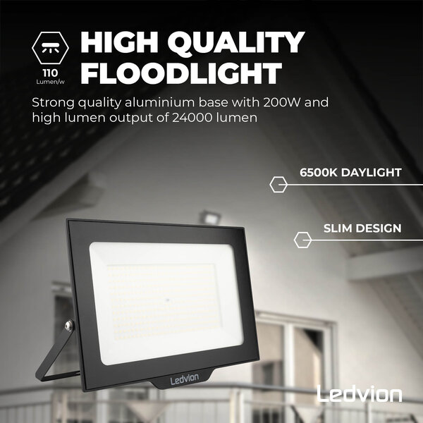Ledvion LED Floodlight 200W - Osram LED - IP65 - 6500K - Daylight - 24.000 Lumen