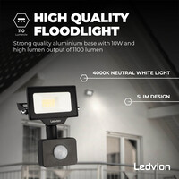 Ledvion LED Floodlight With PIR Sensor - 10W - Osram LED - IP65 - 4000K - 1100 Lumen - Outdoor Security Lights