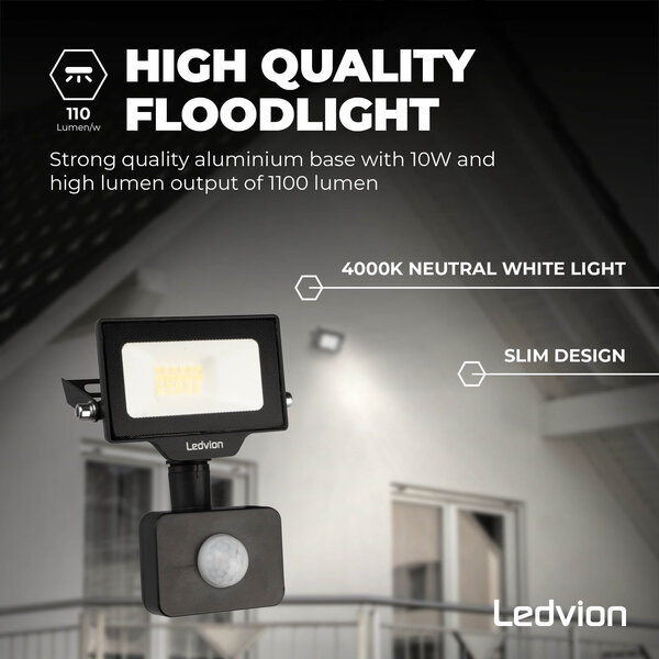 Ledvion LED Floodlight With PIR Sensor - 10W - Osram LED - IP65 - 4000K - 1100 Lumen - Outdoor Security Lights