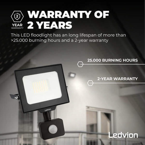 Ledvion LED Floodlight With PIR Sensor - 30W - Osram LED - IP65 - 4000K - 3600 Lumen - Outdoor Security Lights