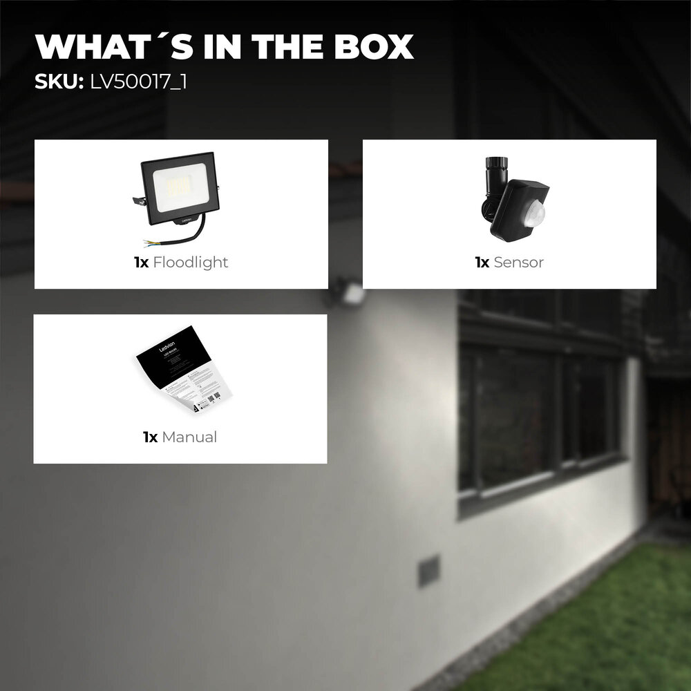 Ledvion LED Floodlight With PIR Sensor - 30W - Osram LED - IP65 - 4000K - 3600 Lumen - Outdoor Security Lights