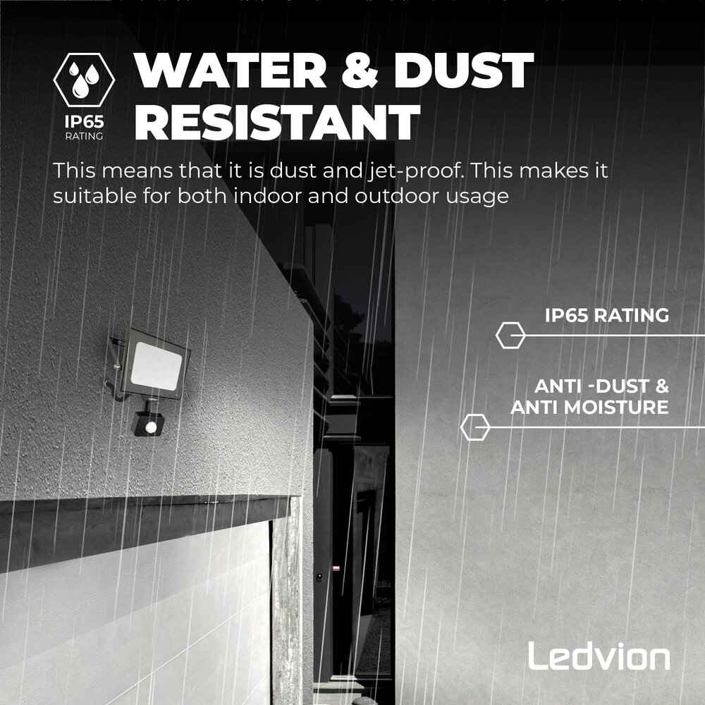 Ledvion LED Floodlight With PIR Sensor - 30W - Osram LED - IP65 - 6500K - 3600 Lumen - Outdoor Security Lights