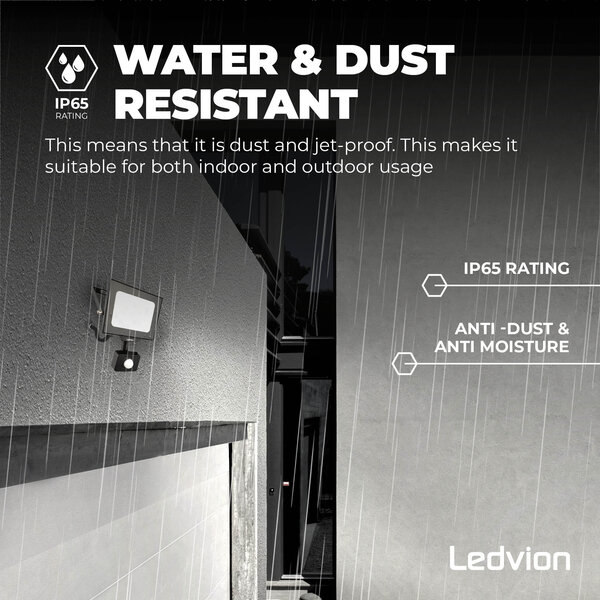 Ledvion LED Floodlight With PIR Sensor - 30W - Osram LED - IP65 - 6500K - 3600 Lumen - Outdoor Security Lights