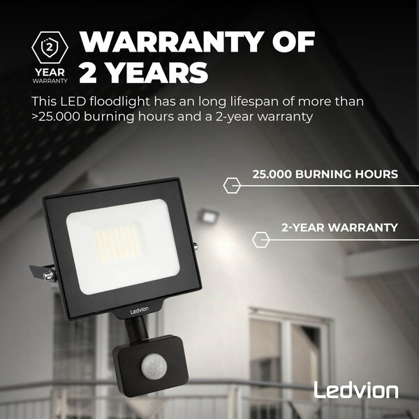 Ledvion LED Floodlight With PIR Sensor - 30W - Osram LED - IP65 - 6500K - 3600 Lumen - Outdoor Security Lights