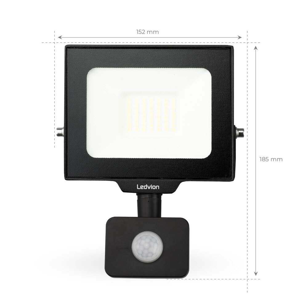 Ledvion LED Floodlight With PIR Sensor - 30W - Osram LED - IP65 - 6500K - 3600 Lumen - Outdoor Security Lights