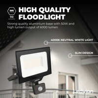 Ledvion LED Floodlight With PIR Sensor - 50W - Osram LED - IP65 - 4000K - 6000 Lumen - Outdoor Security Lights