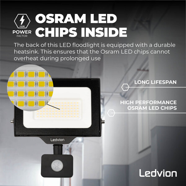 Ledvion LED Floodlight With PIR Sensor - 50W - Osram LED - IP65 - 4000K - 6000 Lumen - Outdoor Security Lights
