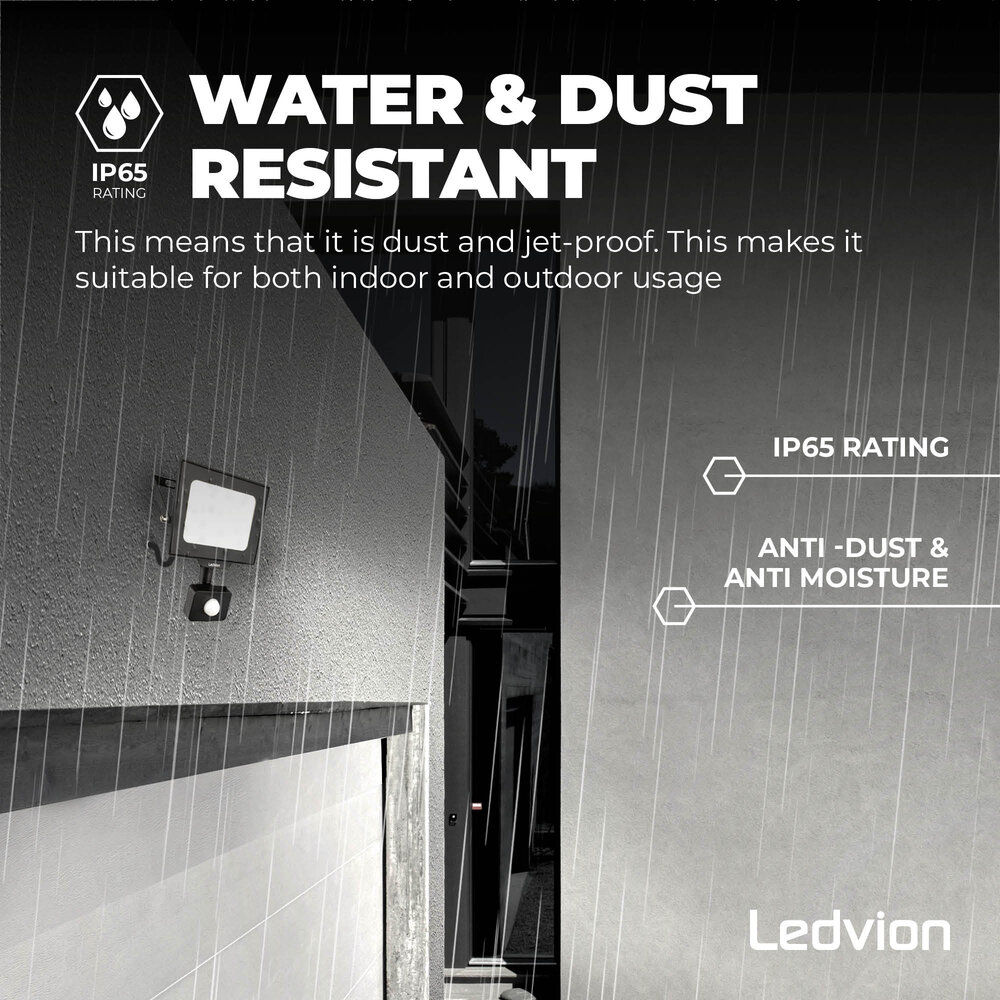 Ledvion LED Floodlight With PIR Sensor - 50W - Osram LED - IP65 - 4000K - 6000 Lumen - Outdoor Security Lights