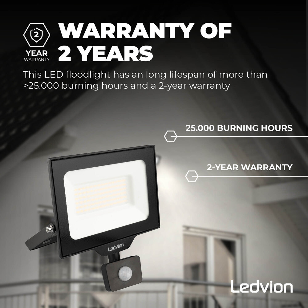 Ledvion LED Floodlight With PIR Sensor - 50W - Osram LED - IP65 - 4000K - 6000 Lumen - Outdoor Security Lights
