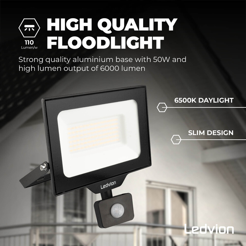Ledvion LED Floodlight With PIR Sensor - 50W - Osram LED - IP65 - 6500K - 6000 Lumen - Outdoor Security Lights