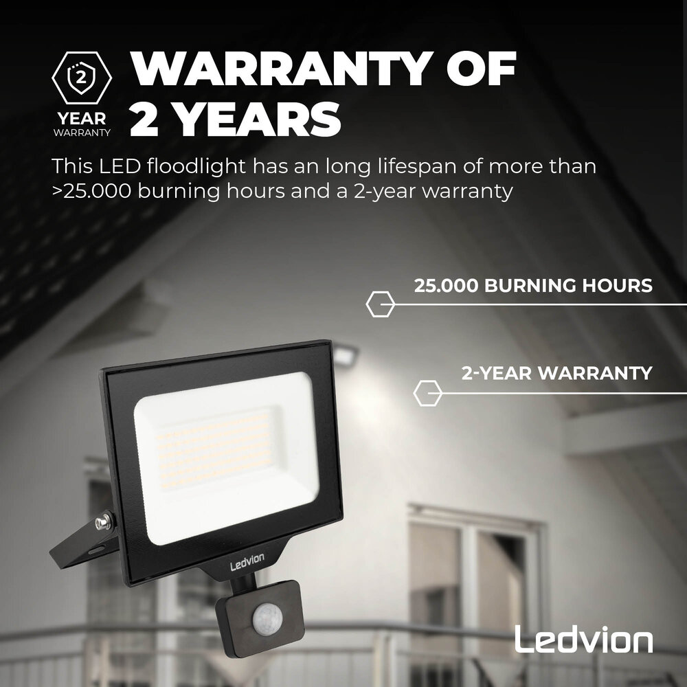 Ledvion LED Floodlight With PIR Sensor - 50W - Osram LED - IP65 - 6500K - 6000 Lumen - Outdoor Security Lights