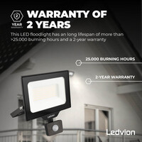 Ledvion LED Floodlight With PIR Sensor - 50W - Osram LED - IP65 - 6500K - 6000 Lumen - Outdoor Security Lights