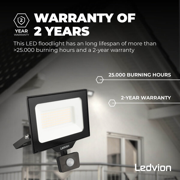 Ledvion LED Floodlight With PIR Sensor - 50W - Osram LED - IP65 - 6500K - 6000 Lumen - Outdoor Security Lights