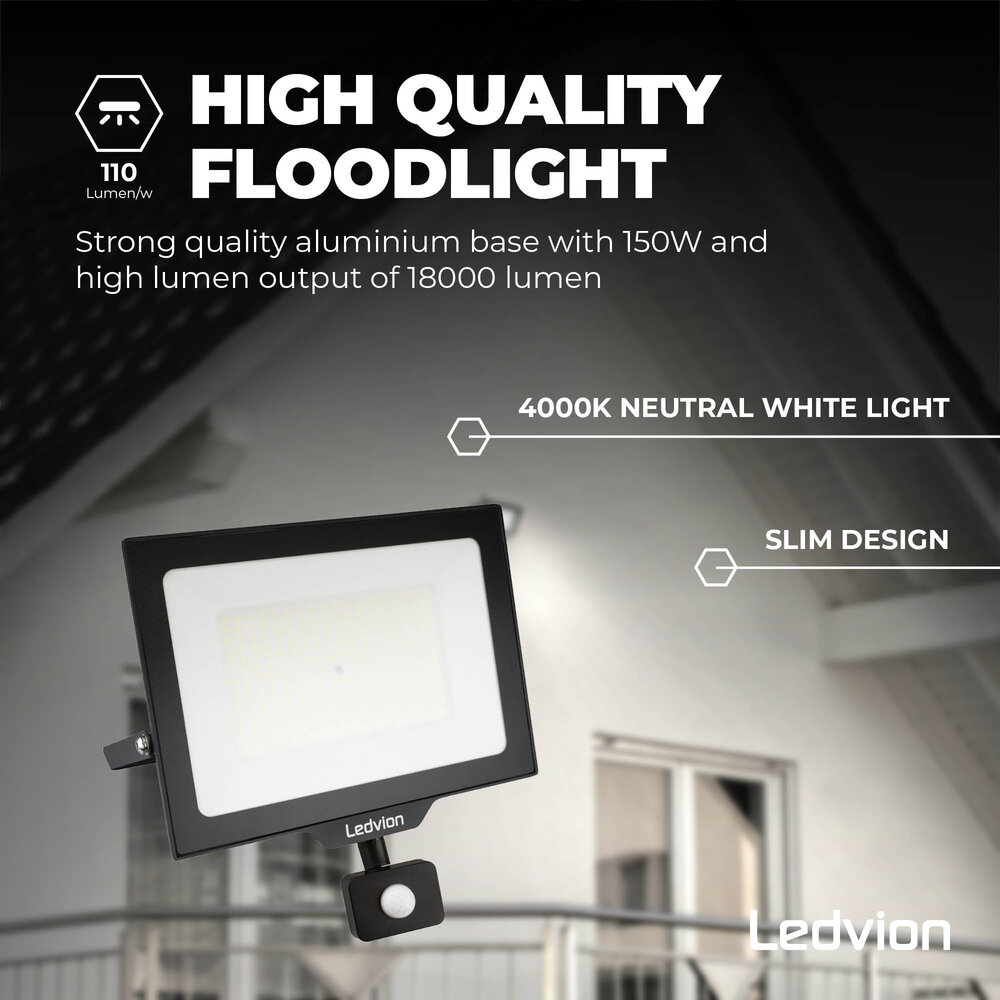 Ledvion LED Floodlight With PIR Sensor - 150W - Osram LED - IP65 - 4000K - 18.000 Lumen - Outdoor Security Lights