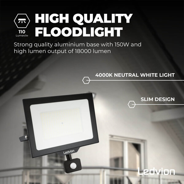 Ledvion LED Floodlight With PIR Sensor - 150W - Osram LED - IP65 - 4000K - 18.000 Lumen - Outdoor Security Lights