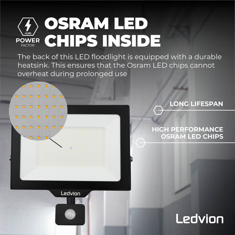 Ledvion LED Floodlight With PIR Sensor - 150W - Osram LED - IP65 - 6500K - 18.000 Lumen - Outdoor Security Lights