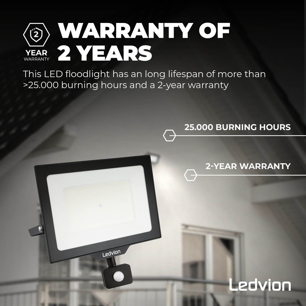 Ledvion LED Floodlight With PIR Sensor - 150W - Osram LED - IP65 - 6500K - 18.000 Lumen - Outdoor Security Lights