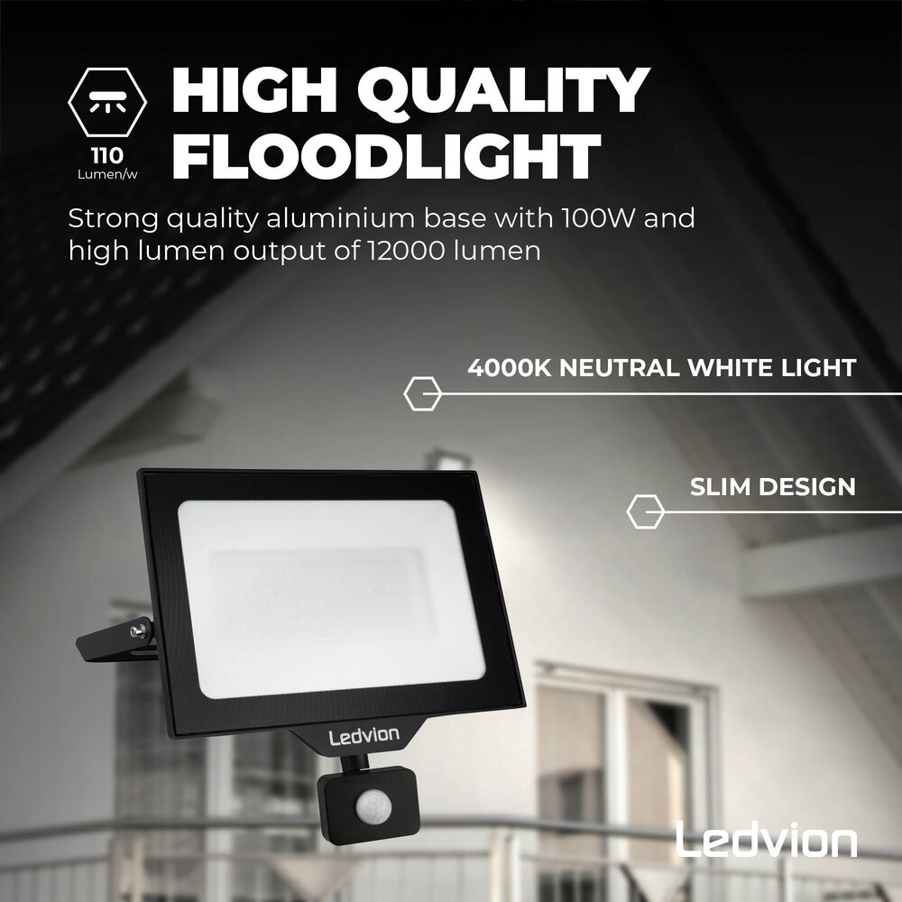 Ledvion LED Floodlight With PIR Sensor - 100W - Osram LED - IP65 - 4000K - 12.000 Lumen - Outdoor Security Lights