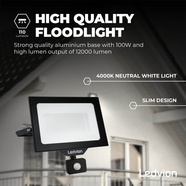 Ledvion LED Floodlight With PIR Sensor - 100W - Osram LED - IP65 - 4000K - 12.000 Lumen - Outdoor Security Lights
