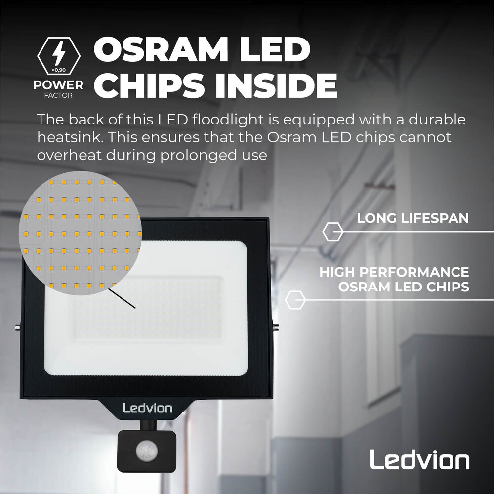 Ledvion LED Floodlight With PIR Sensor - 100W - Osram LED - IP65 - 4000K - 12.000 Lumen - Outdoor Security Lights