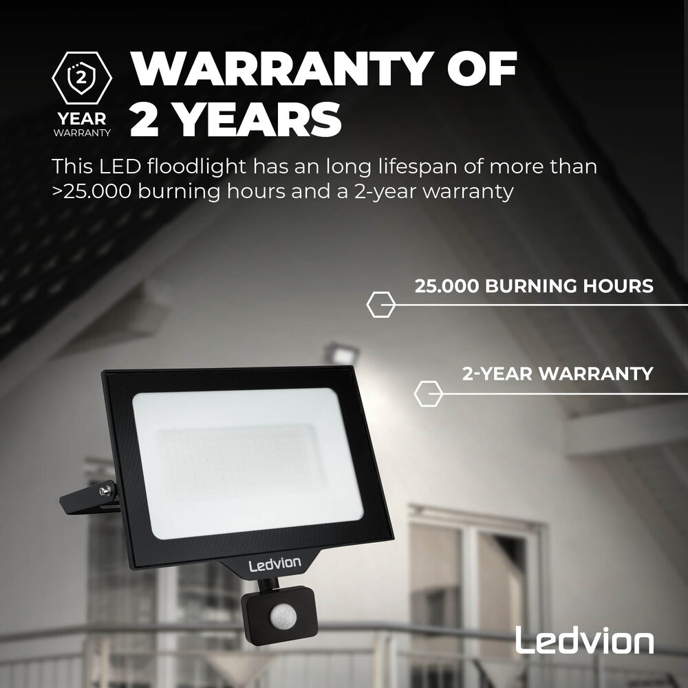 Ledvion LED Floodlight With PIR Sensor - 100W - Osram LED - IP65 - 4000K - 12.000 Lumen - Outdoor Security Lights
