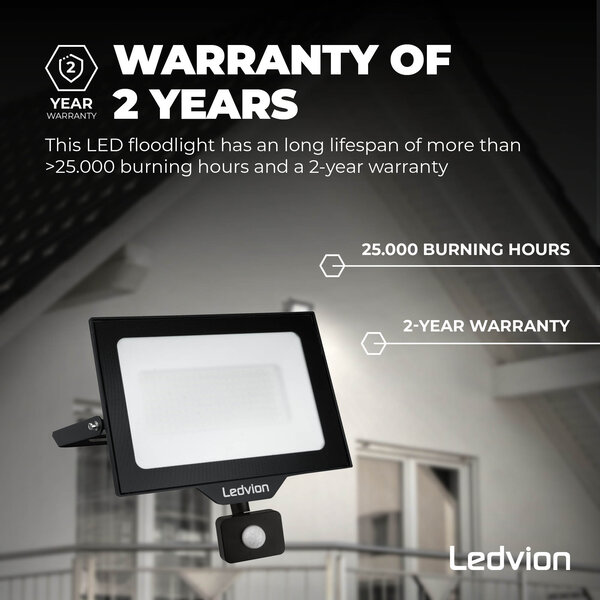 Ledvion LED Floodlight With PIR Sensor - 100W - Osram LED - IP65 - 6500K - 12.000 Lumen - Outdoor Security Lights