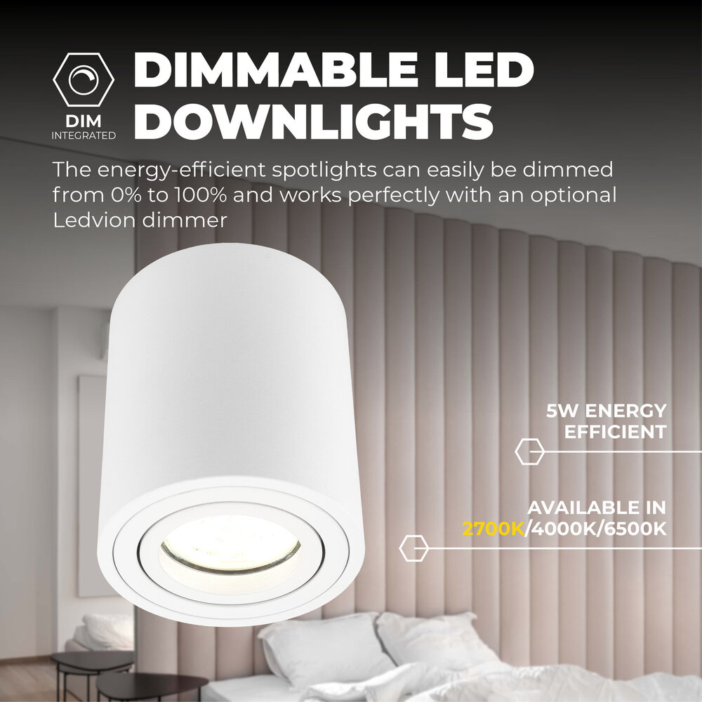 Ledvion 4x LED Single Ceiling Spotlight - 3W - Warm White - Dimmable - Adjustable - Modern - Round - Surface Mount Downlight - White