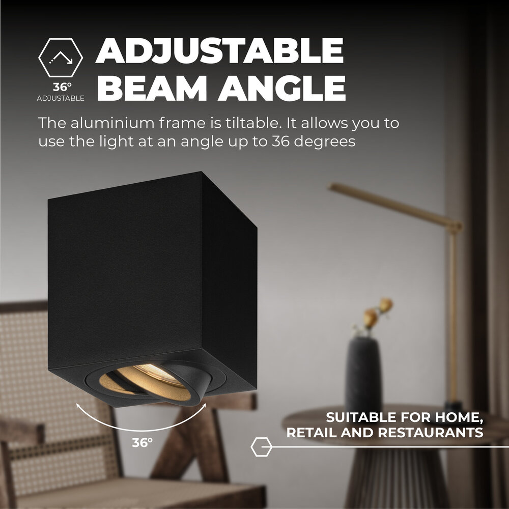 Ledvion 4x LED Single Ceiling Spotlight - 3W - Warm White - Dimmable - Adjustable - Modern - Square - Surface Mount Downlight - Black