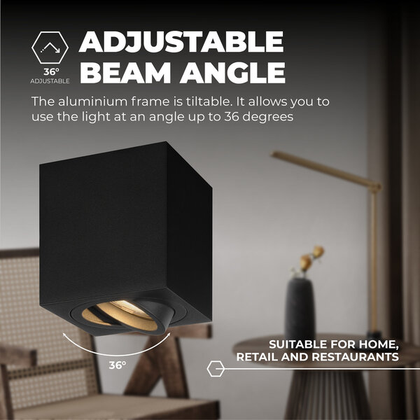 Ledvion 4x LED Single Ceiling Spotlight - 3W - Warm White - Dimmable - Adjustable - Modern - Square - Surface Mount Downlight - Black