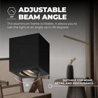 Ledvion LED Single Ceiling Spotlight - 3W - Cool White - Dimmable - Adjustable - Modern - Square - Surface Mount Downlight - Black