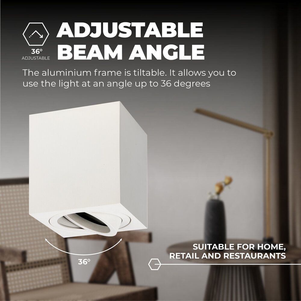 Ledvion LED Single Ceiling Spotlight - GU10 - Dimmable - Adjustable - Modern - Square - Surface Mount Downlight - White