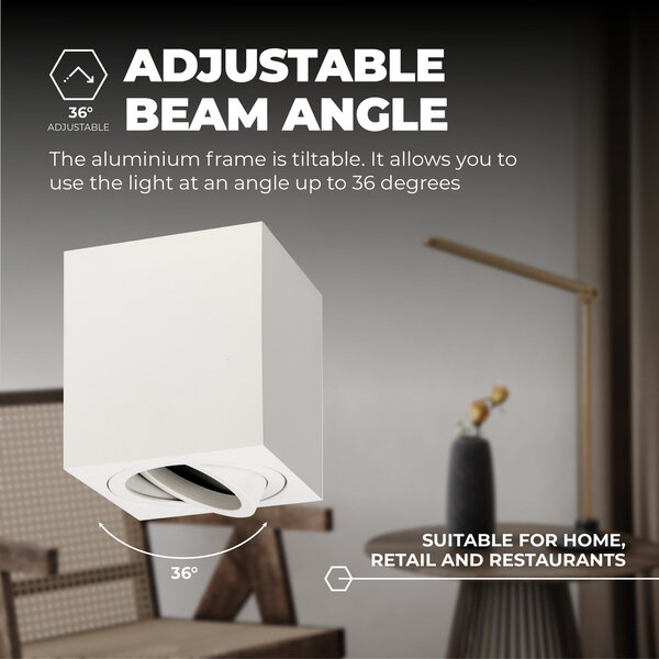 Ledvion LED Single Ceiling Spotlight - GU10 - Dimmable - Adjustable - Modern - Square - Surface Mount Downlight - White