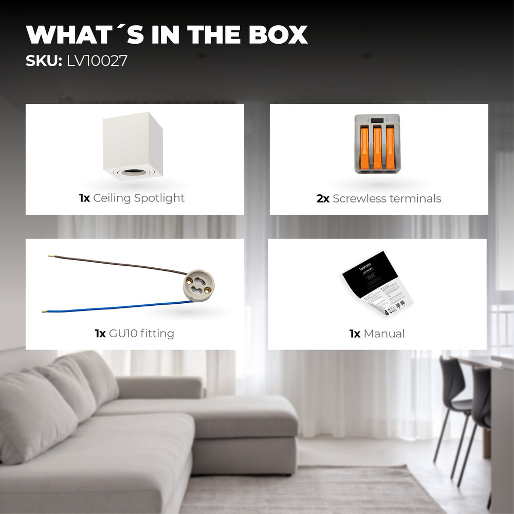 Ledvion LED Single Ceiling Spotlight - GU10 - Dimmable - Adjustable - Modern - Square - Surface Mount Downlight - White