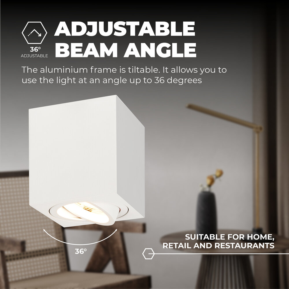 Ledvion LED Single Ceiling Spotlight - 3W - Cool White - Dimmable - Adjustable - Modern - Square - Surface Mount Downlight - White