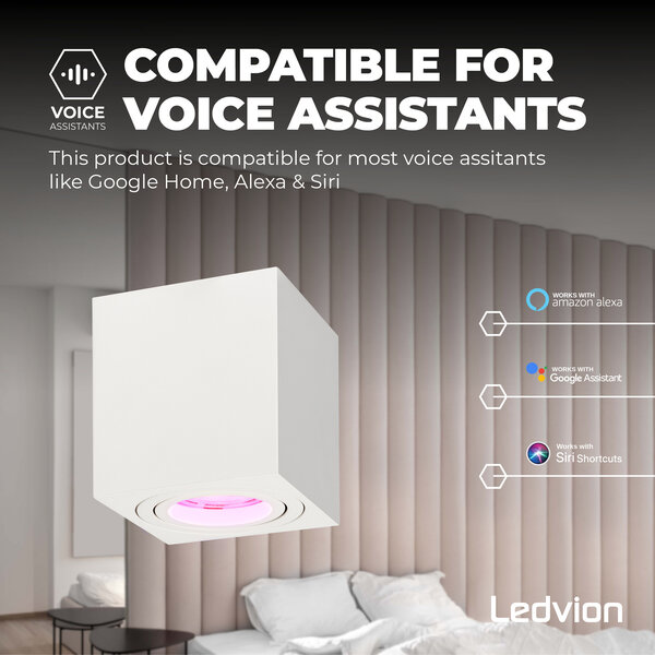 Ledvion Smart LED Single Ceiling Spotlight - 4.9W - RGB+CCT - Dimmable - Adjustable - Modern - Square - Surface Mount Downlight - White